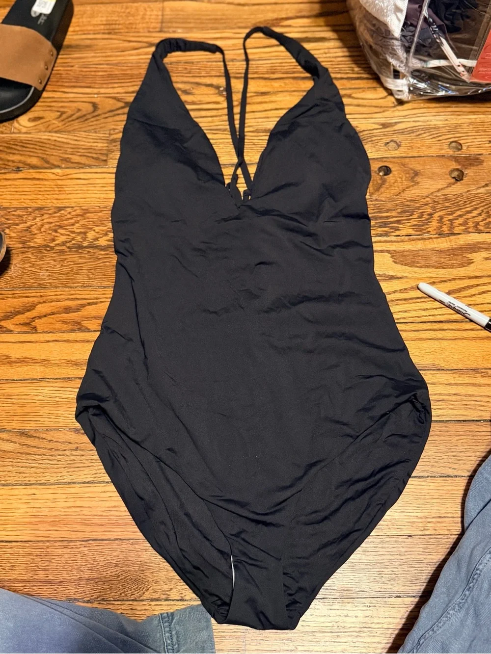 Andie Black One Piece Swimsuit Deep V Tie Back Women’s Large NWT